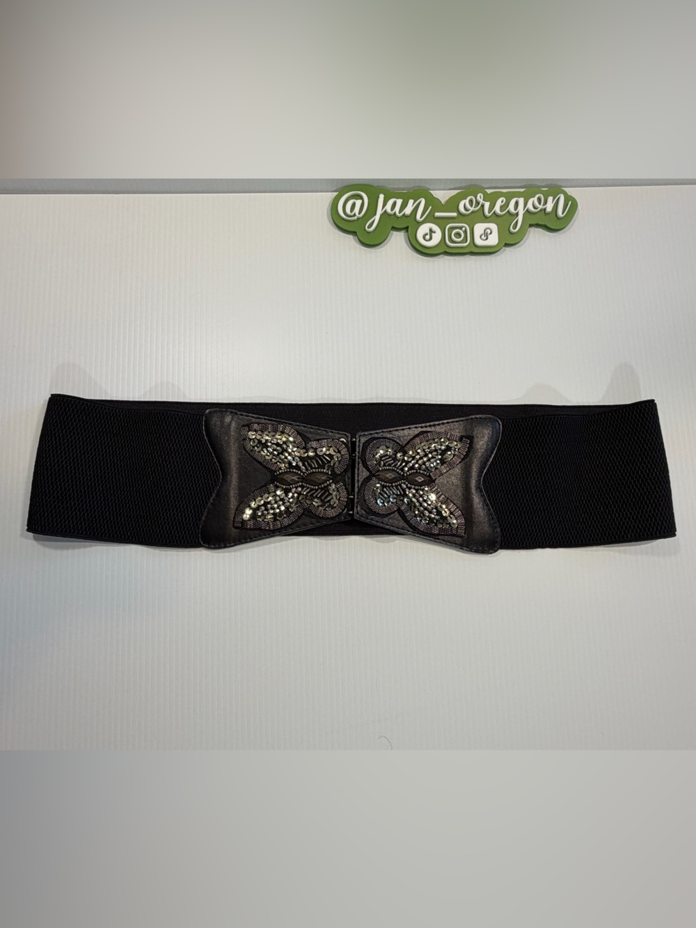 Torrid Black Stretch Belt with Beaded Butterfly Buckle, Size 1